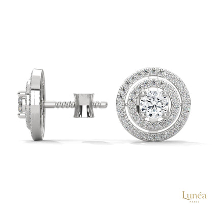 1.5 CT double halo lab-grown diamond stud earrings set in polished 14K gold with a brilliant round center stone.