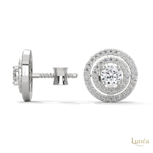 1.5 CT double halo lab-grown diamond stud earrings set in polished 14K gold with a brilliant round center stone.