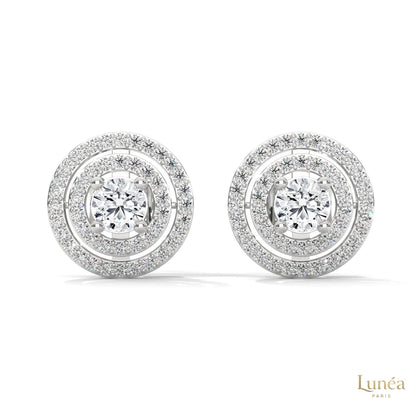 1.5 CT. double halo lab-grown diamond stud earrings in 14K white gold with a brilliant round center and pavé setting.