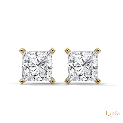 1.5 carat princess-cut lab-grown diamond stud earrings set in polished 14K white gold.