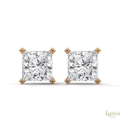1.5 carat princess-cut lab-grown diamond stud earrings set in polished 14K white gold.