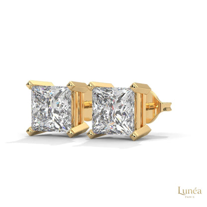 1.5 ct. princess-cut lab-grown diamond stud earrings set in polished 14K white gold.