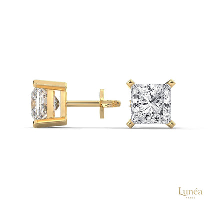 1.5 ct. princess-cut lab-grown diamond stud earrings set in polished 14K gold.
