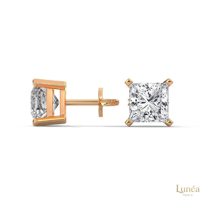 1.5 CT princess-cut lab-grown diamond stud earrings set in polished 14K rose gold.