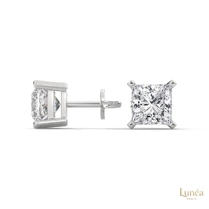 1.5 carat princess-cut lab-grown diamond stud earrings set in polished 14K white gold.