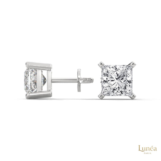 1.5 carat princess-cut lab-grown diamond stud earrings set in polished 14K white gold.