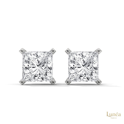 1.5 carat princess-cut lab-grown diamond stud earrings set in polished 14K white gold.