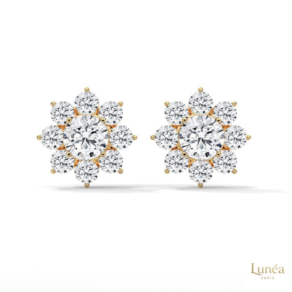 1.50 CT lab-grown diamond flower cluster stud earrings in 14K gold, featuring a brilliant, elegant floral design.