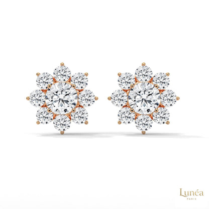 1.50 CT lab-grown diamond flower cluster stud earrings in 14K gold, featuring brilliant round-cut stones in a floral design.