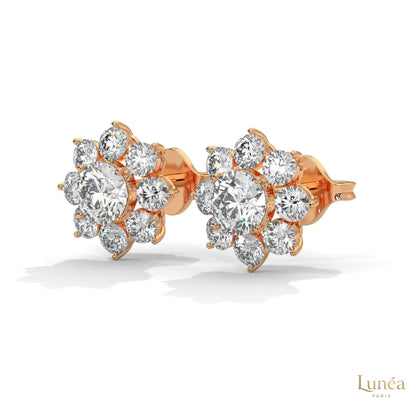 1.50 CT lab-grown diamond flower cluster stud earrings in polished 14K gold with brilliant VS1-VS2 clarity stones.