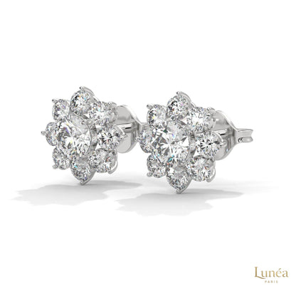 1.50 CT lab-grown diamond flower cluster stud earrings in polished 14K gold with brilliant VS1-VS2 clarity stones.