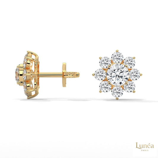 1.50 CT lab-grown diamond flower cluster stud earrings crafted in polished 14K yellow gold.