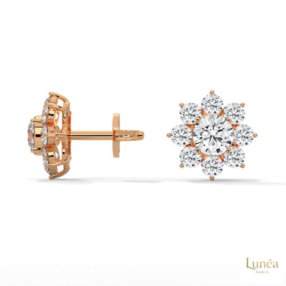 1.50 CT lab-grown diamond flower cluster stud earrings crafted in elegant 14K rose gold.