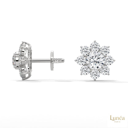 1.50 CT lab-grown diamond flower cluster stud earrings in polished 14K white gold.
