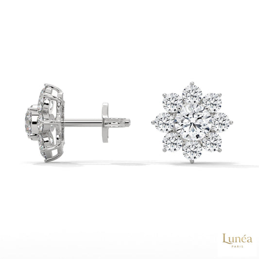 1.50 CT lab-grown diamond flower cluster stud earrings in polished 14K white gold.
