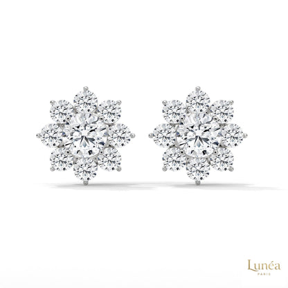 1.50 CT lab-grown diamond flower cluster stud earrings in polished 14K gold with brilliant VS1-VS2 clarity stones.