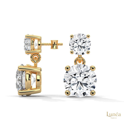 Two-stone lab-grown diamond drop earrings in 14K gold with a secure four-prong setting and radiant round brilliant cut.