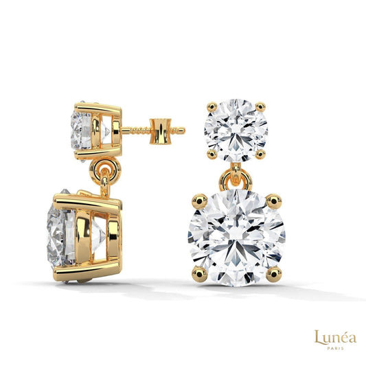 Two-stone lab-grown diamond drop earrings in 14K gold with a secure four-prong setting and radiant round brilliant cut.