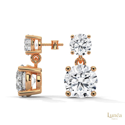1.50 CT two-stone lab-grown diamond drop earrings handcrafted in polished 14K rose gold with a secure four-prong setting.