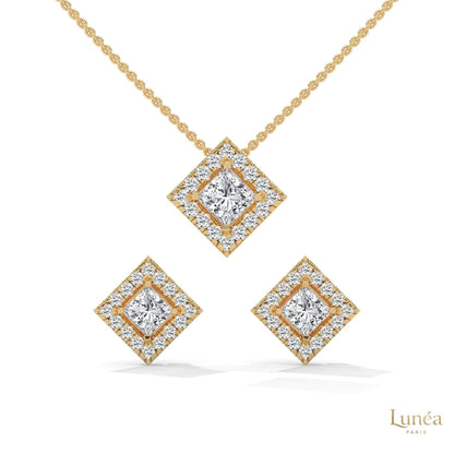14K gold princess-cut diamond halo pendant necklace and matching stud earring set with lab-grown diamonds.