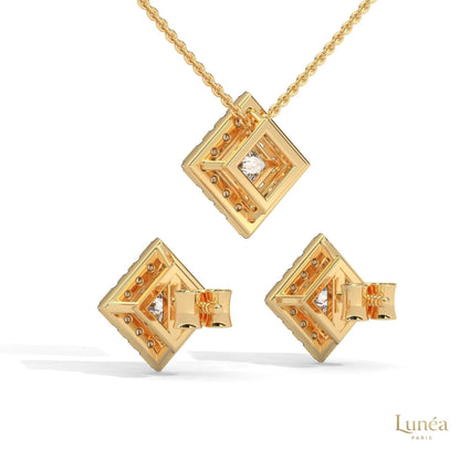 14K yellow gold princess halo diamond pendant and screw-back earring set with lab-grown square-cut stones.