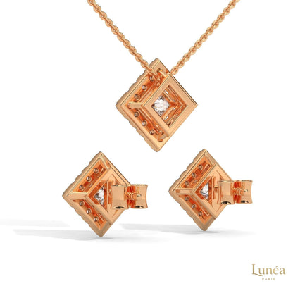 Rose gold princess-cut diamond halo pendant necklace and matching screw-back stud earrings set.