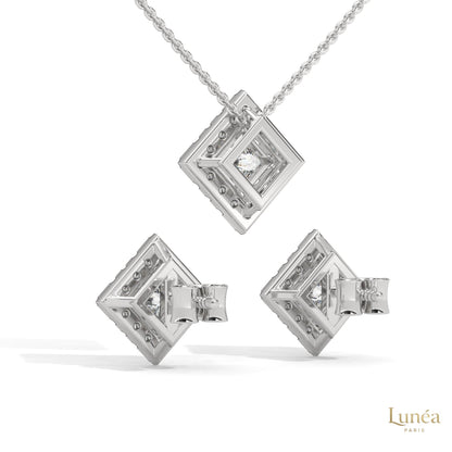 Princess-cut diamond halo pendant and matching screw-back earrings in polished white gold or platinum.