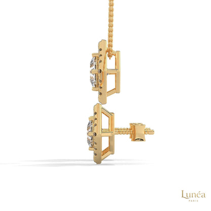 14K yellow gold princess-cut halo diamond earrings with secure screw backs.