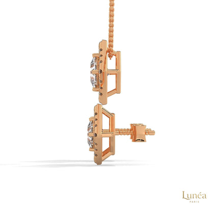 1.60ct princess-cut lab-grown diamond halo earrings in 14k rose gold with secure screw-back posts.