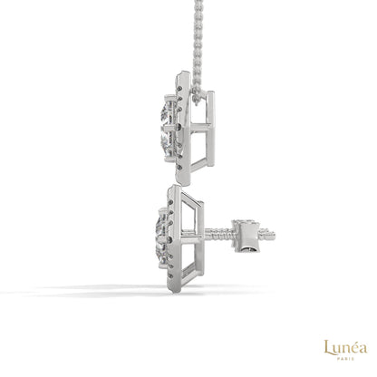 Princess-cut lab-grown diamond halo earrings in 14K white gold with secure screw backs.