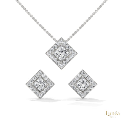 Princess-cut lab-grown diamond halo pendant and earring set in polished white gold or platinum.