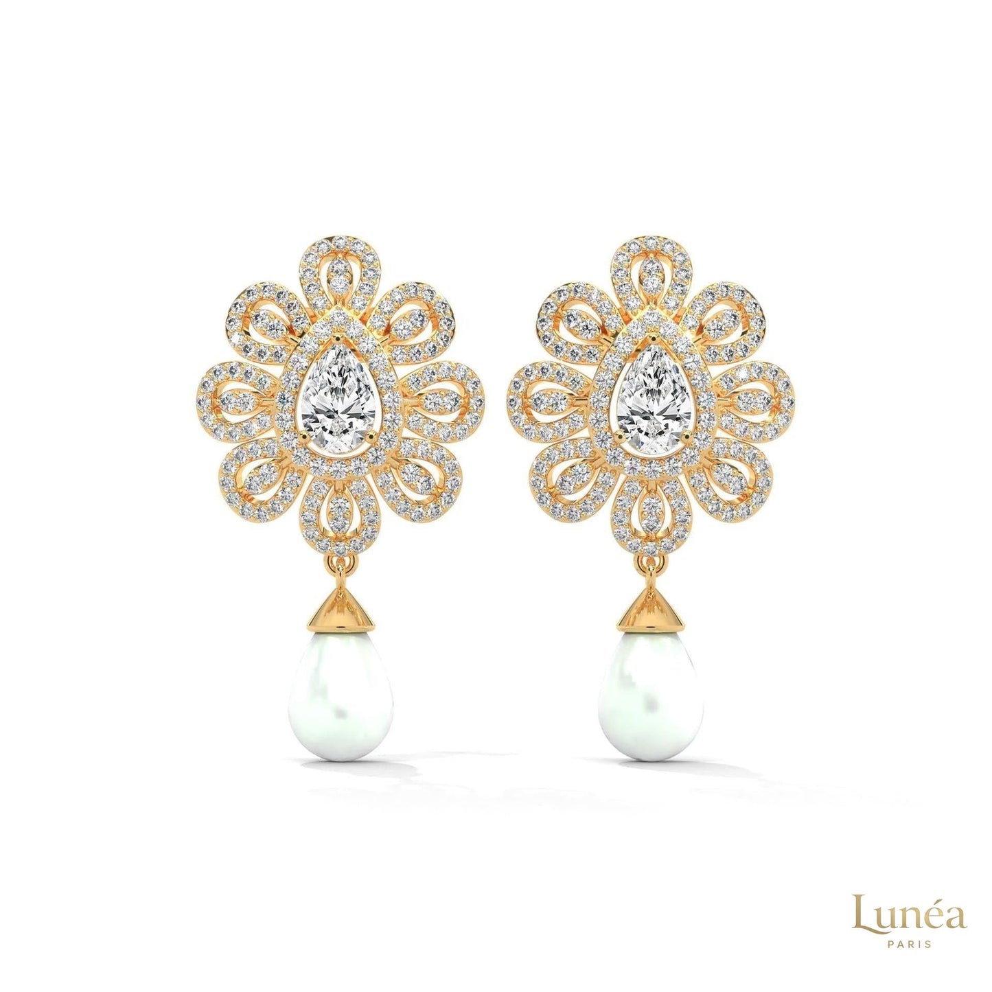 1.70 CT. Diamond & Pearl Teardrop Earrings