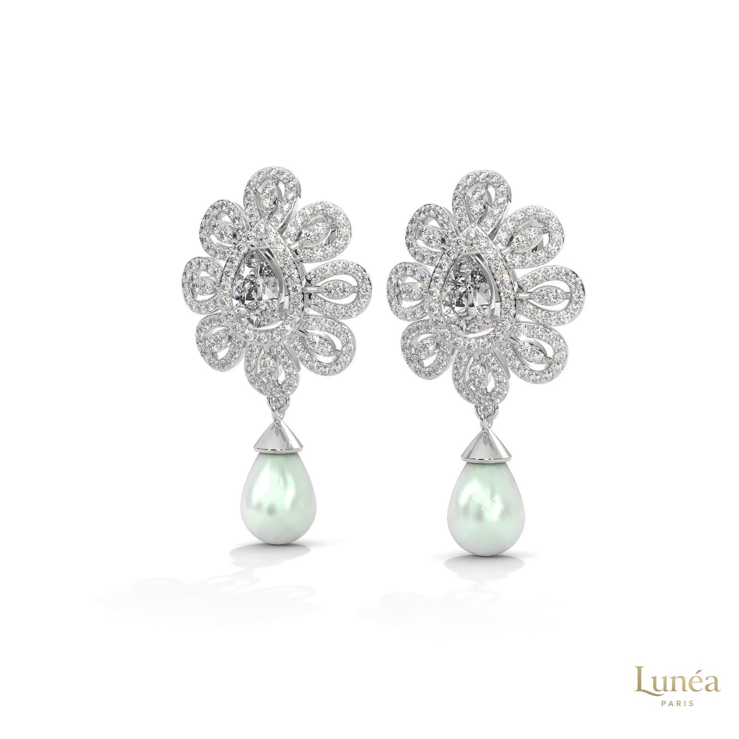 1.70 CT. Diamond & Pearl Teardrop Earrings