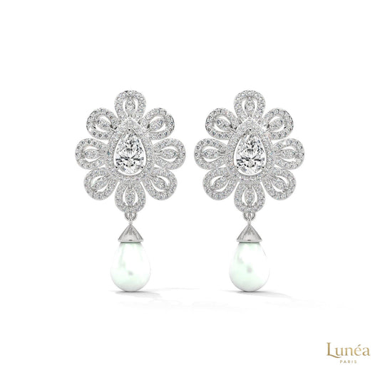 1.70 CT. Diamond & Pearl Teardrop Earrings