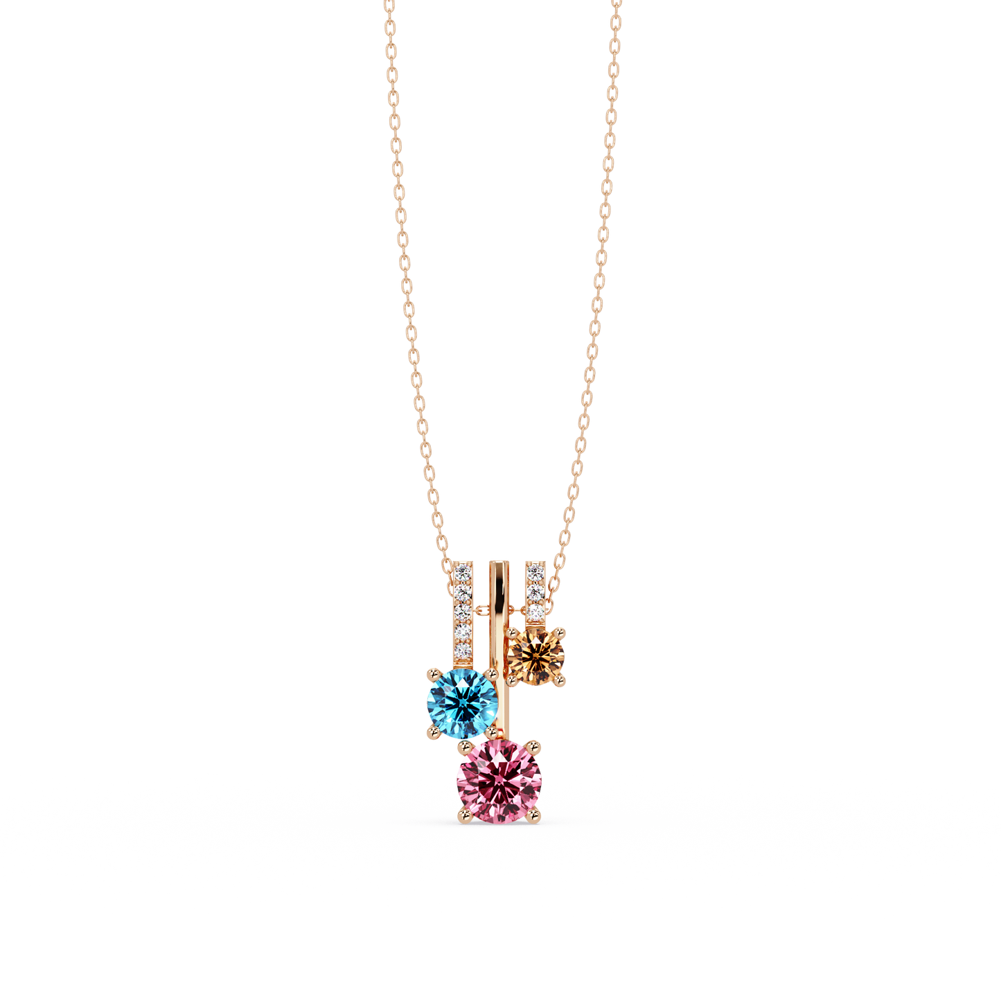 1.50 CTW Multicolor Triple Round Colorstone Drop Pendant Necklace - Champagne Topaz - 14K Rose Gold