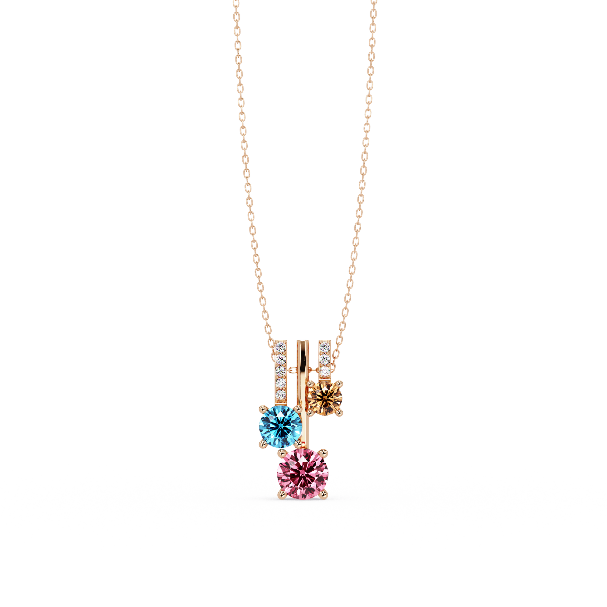 1.50 CTW Multicolor Triple Round Colorstone Drop Pendant Necklace - Champagne Topaz - 14K Rose Gold