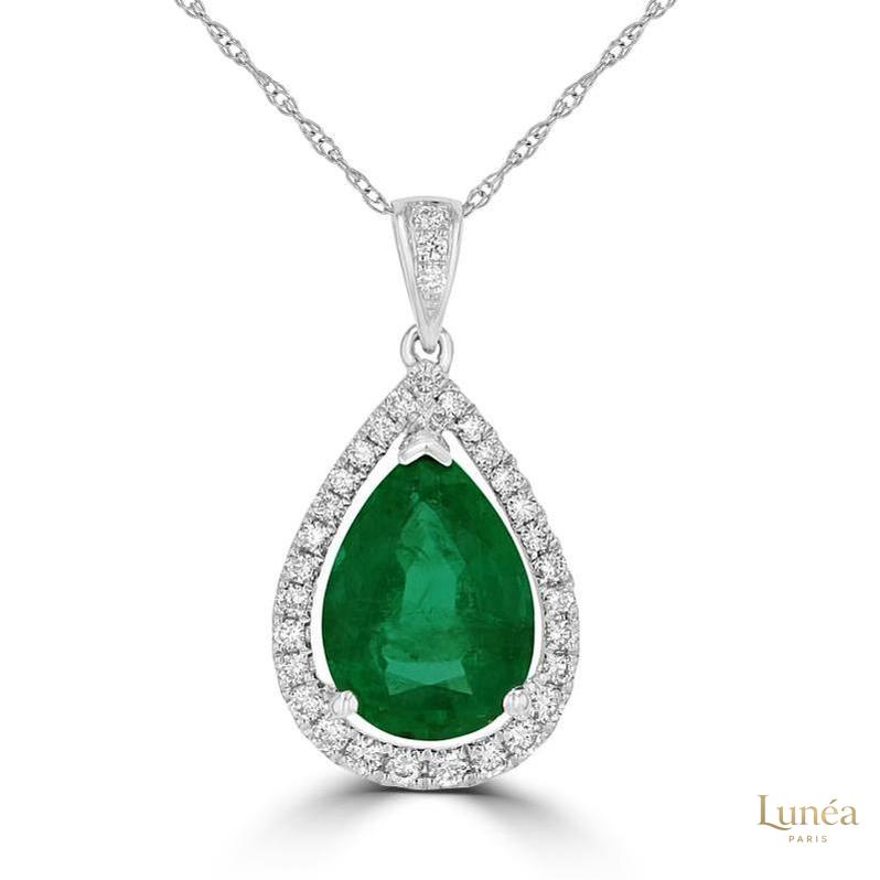 Pear Emerald Diamond Halo Pendant | Lab Grown | 14K Gold & Platinum