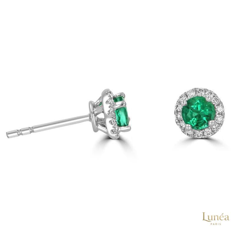Round Emerald Halo Diamond Stud Earrings | Lab Grown | 14K Gold & Platinum
