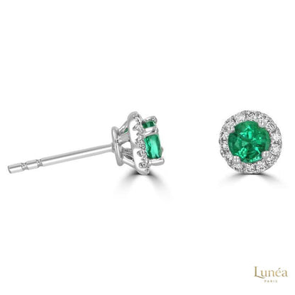 Round Emerald Halo Diamond Stud Earrings | Lab Grown | 14K Gold & Platinum