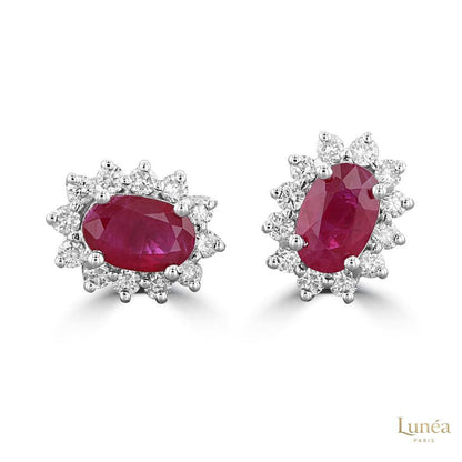 Oval Ruby Halo Stud Earrings | Lab Grown | 14K Gold & Platinum