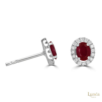 Oval Ruby Halo Earrings | Lab Grown | 14K Gold & Platinum