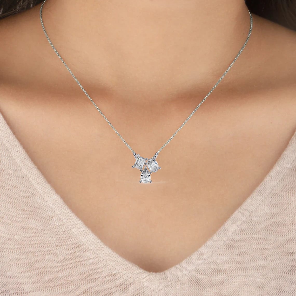 0.90 CTW Mixed-Shape Lab-Grown Diamond Trio Pendant Necklace in 14K Gold & Platinum
