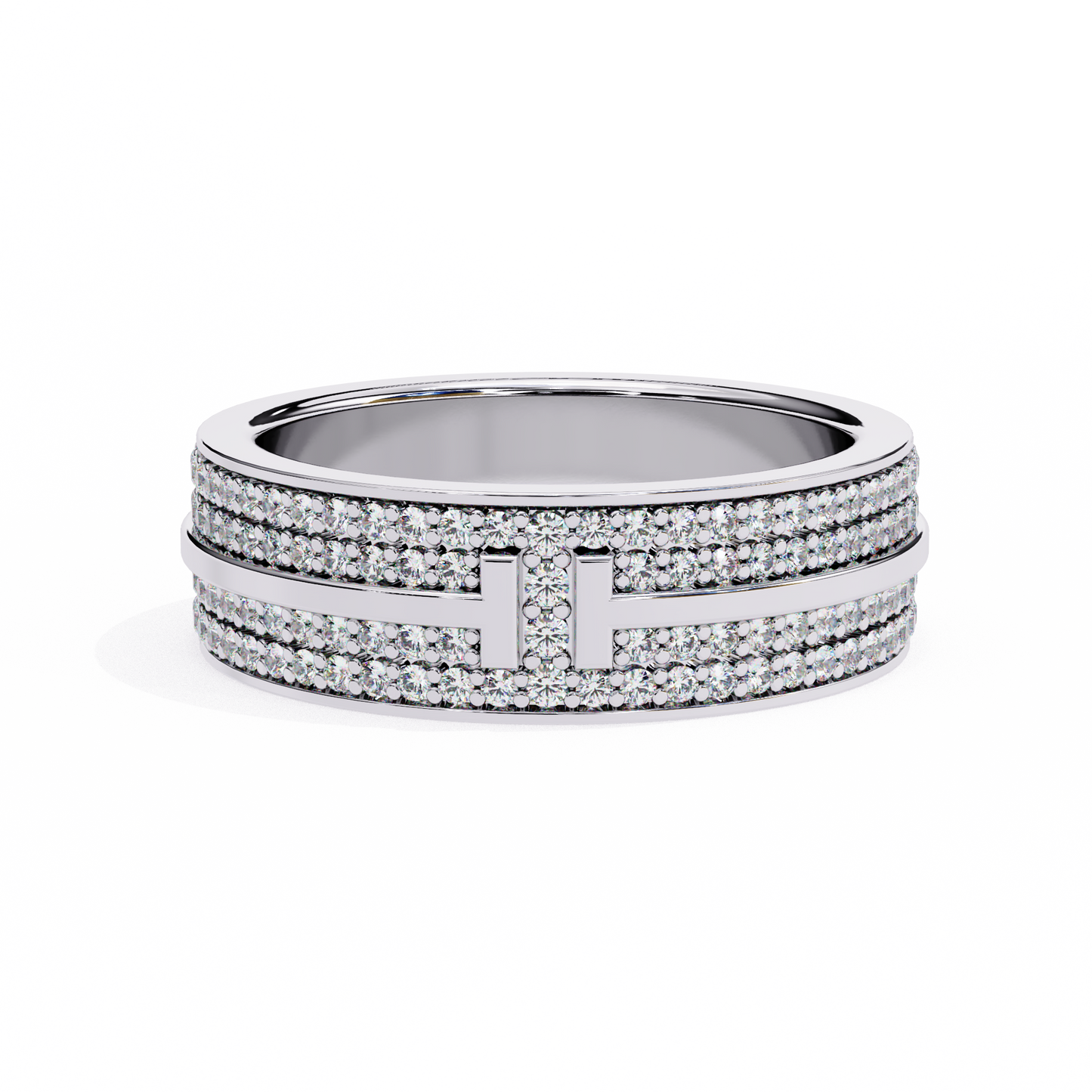 0.80 CTW Four-Row Pavé Lab-Grown Diamond Wide Band with Polished Cross Detail in 14K Gold