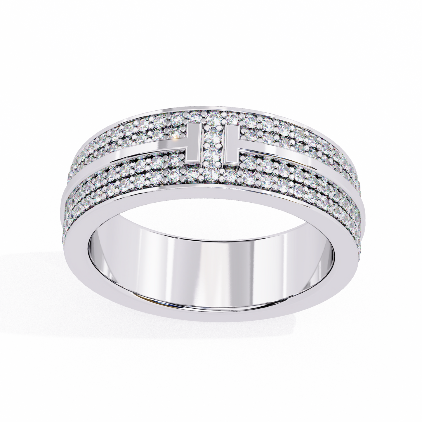 0.80 CTW Four-Row Pavé Lab-Grown Diamond Wide Band with Polished Cross Detail in 14K Gold