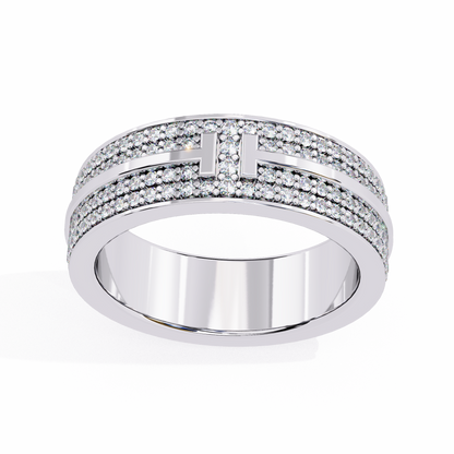 0.80 CTW Four-Row Pavé Lab-Grown Diamond Wide Band with Polished Cross Detail in 14K Gold