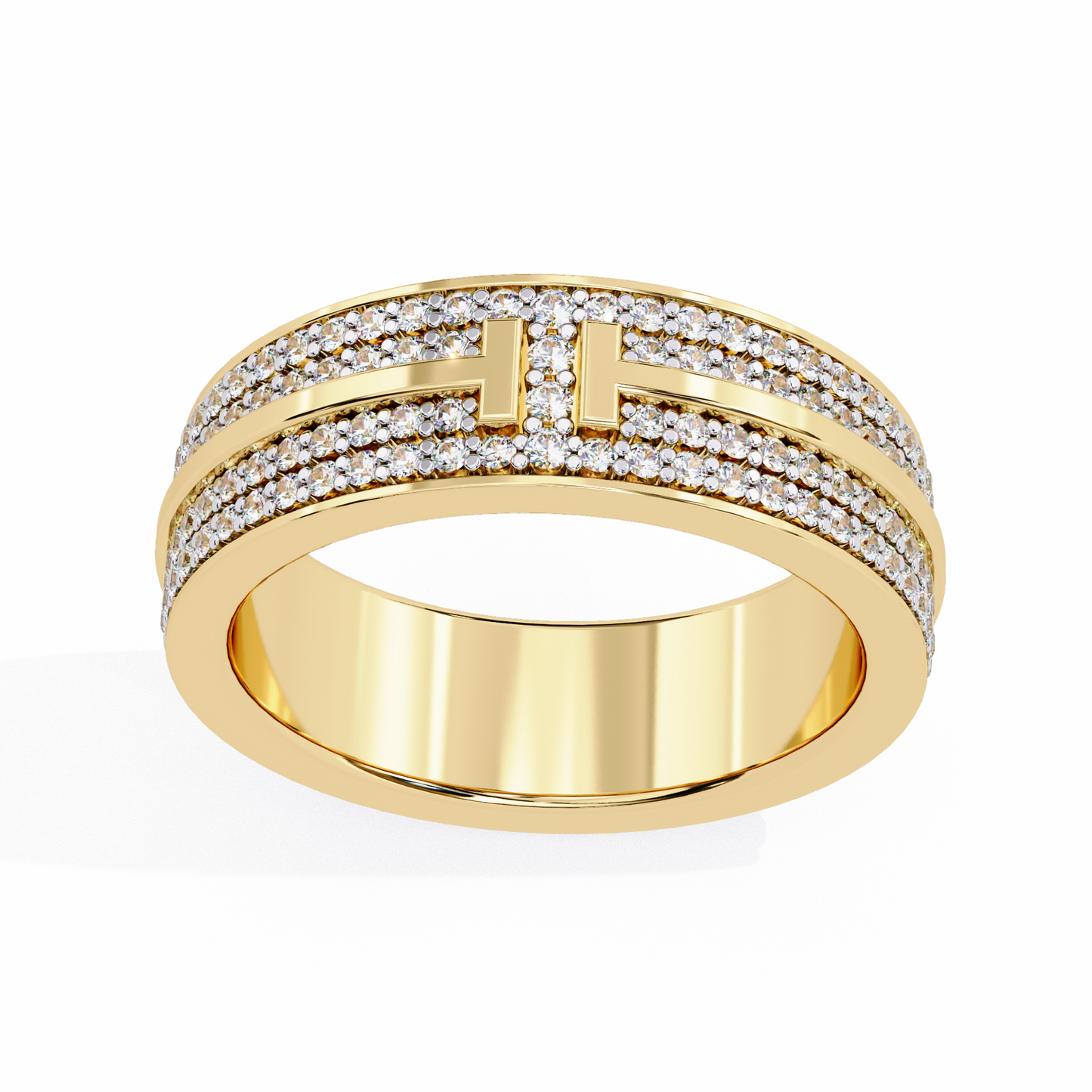 0.80 CTW Four-Row Pavé Lab-Grown Diamond Wide Band with Polished Cross Detail in 14K Gold