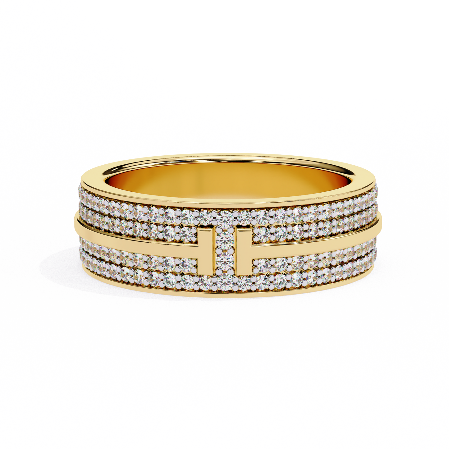0.80 CTW Four-Row Pavé Lab-Grown Diamond Wide Band with Polished Cross Detail in 14K Gold