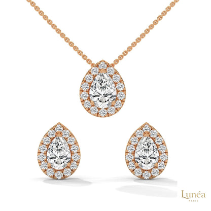 Rose gold pear-cut lab-grown diamond halo pendant necklace and matching stud earrings set.