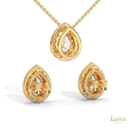 14K yellow gold pear-cut lab-grown diamond halo pendant necklace and matching screw-back stud earring set.