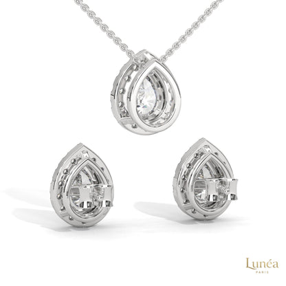 Pear-cut lab-grown diamond halo pendant and matching stud earrings set in polished 14K white gold.